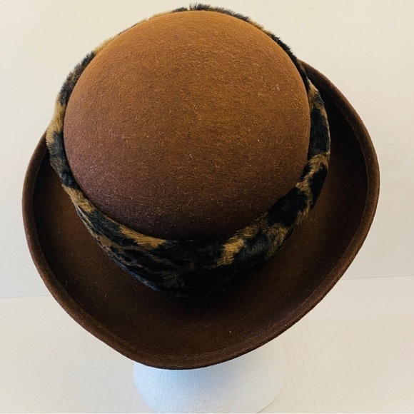 𝅺PRINCIPLES wool hat velvety leopard print band brown 100% wool hat - Picture 7 of 8